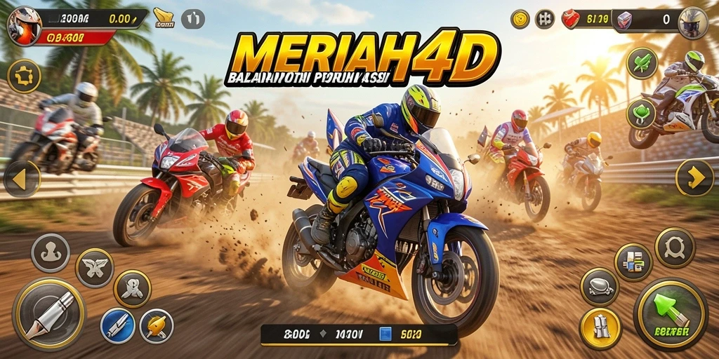 Gameplay MERIAH4D menunjukkan aksi balapan motor yang mendebarkan.