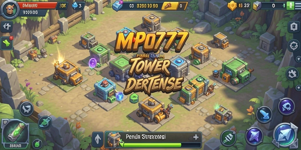 Screenshot dari gameplay MPO777 yang menunjukkan strategi menara Tower Defense.