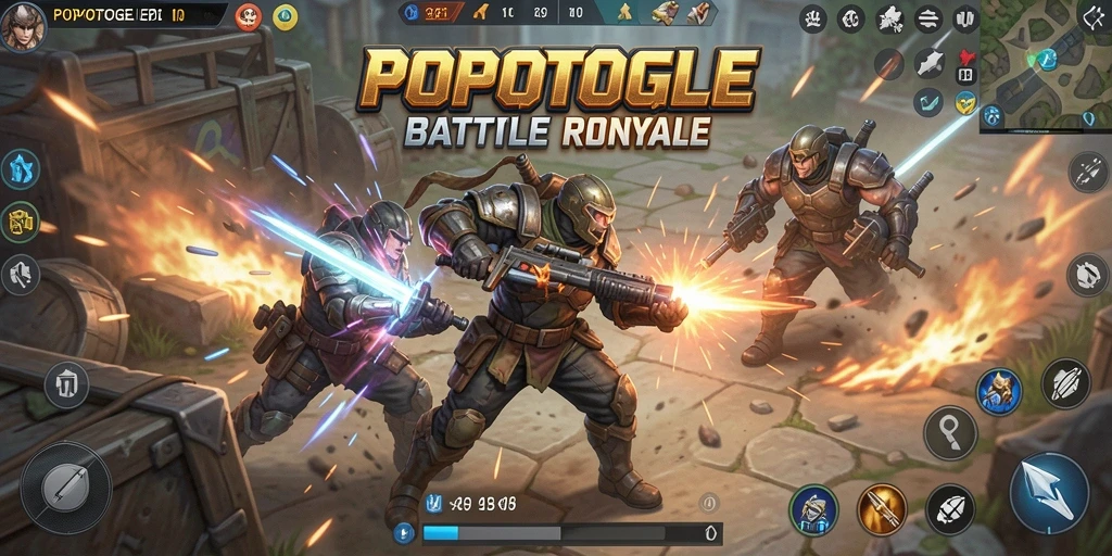 Screenshot gameplay POPOTOGEL menampilkan aksi Battle Royale yang seru.