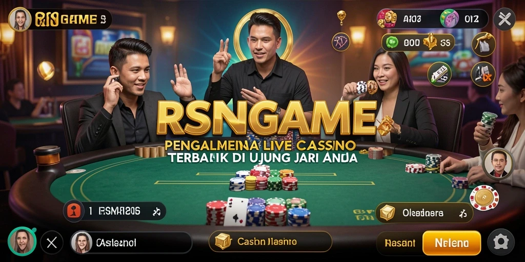 Screenshot gameplay RSNGAME menampilkan dealer langsung dan suasana kasino yang hidup.