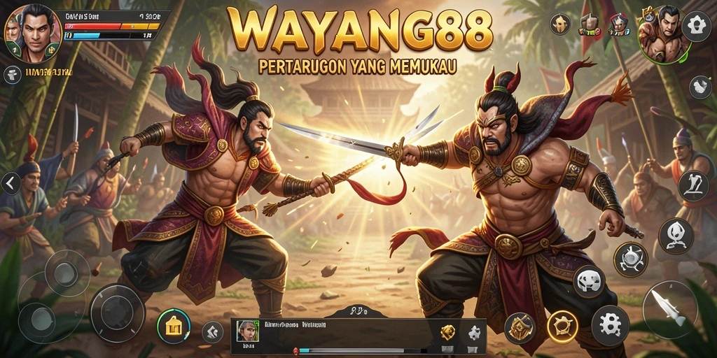 Tampilan gameplay WAYANG88 yang menampilkan pertarungan epik.